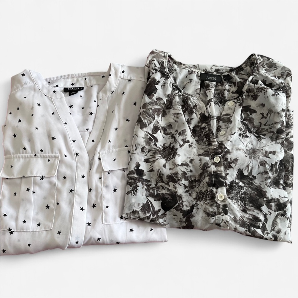 Bundle of 2 Black & White Sheer Blouses - Floral Print & Star Pattern